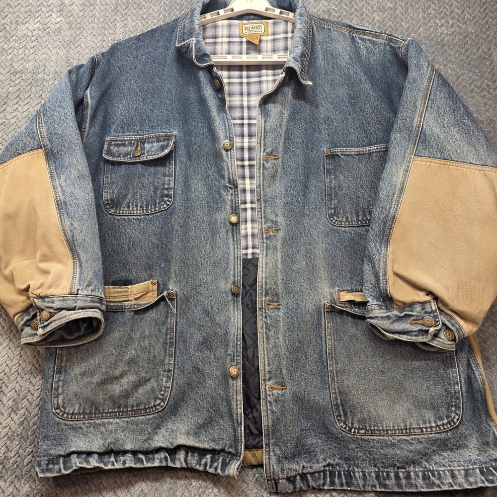 C.E. Schmidt Workwear Chore Jacket Mens 2XL Denim Duck Canvas Distressed Lined
